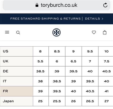 tory burch size chart